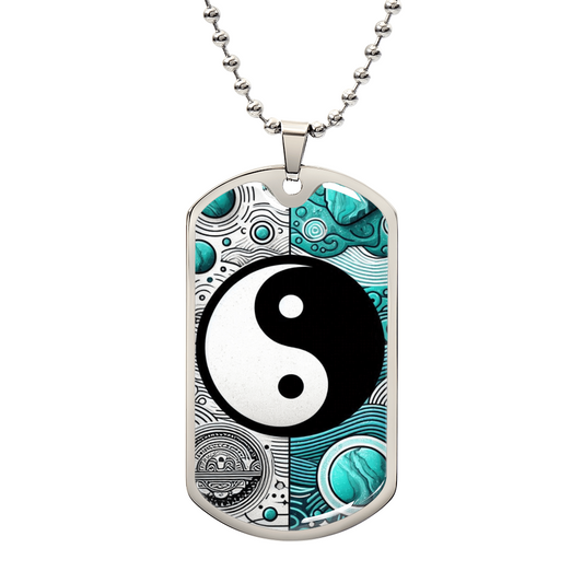 Turquoise Yin Yang Military Tag Necklace Spiritual Balance Pendant for Men Zen Style Jewelry Mindfulness Gift for Him Unique