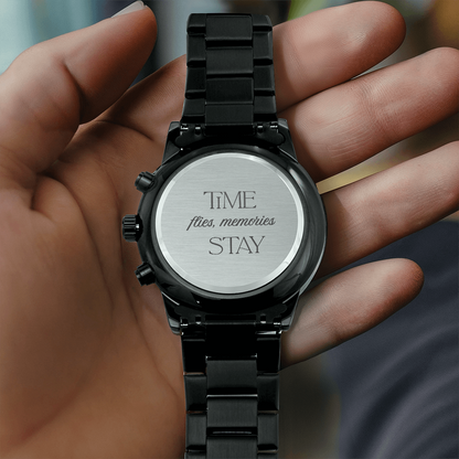 Black Chronograph Watch with Engraving Time flies, memories stay