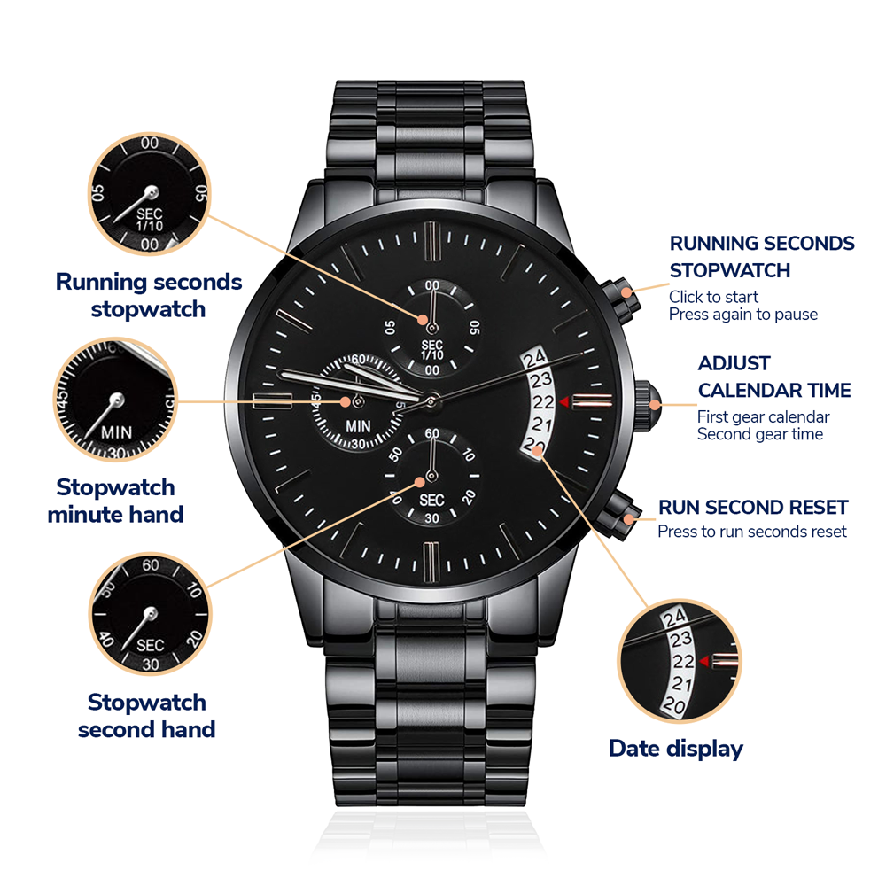 Black Chronograph Watch with Engraving Time flies, memories stay
