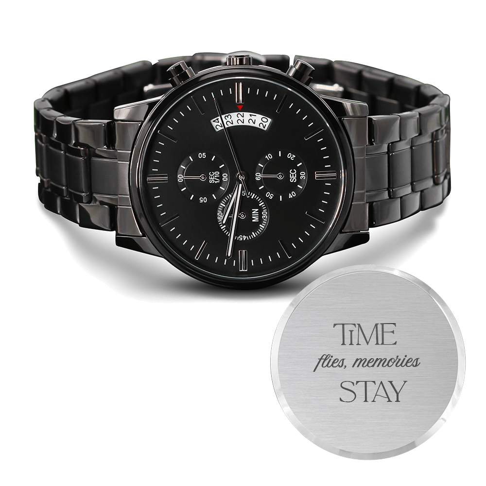 Black Chronograph Watch with Engraving Time flies, memories stay
