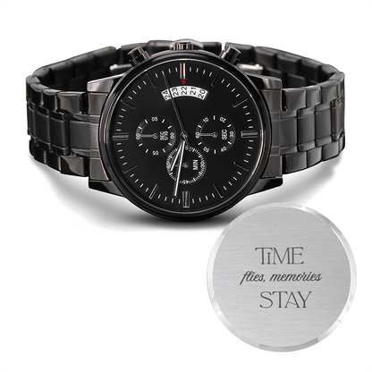 Black Chronograph Watch with Engraving Time flies, memories stay