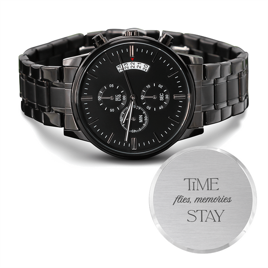 Black Chronograph Watch with Engraving Time flies, memories stay