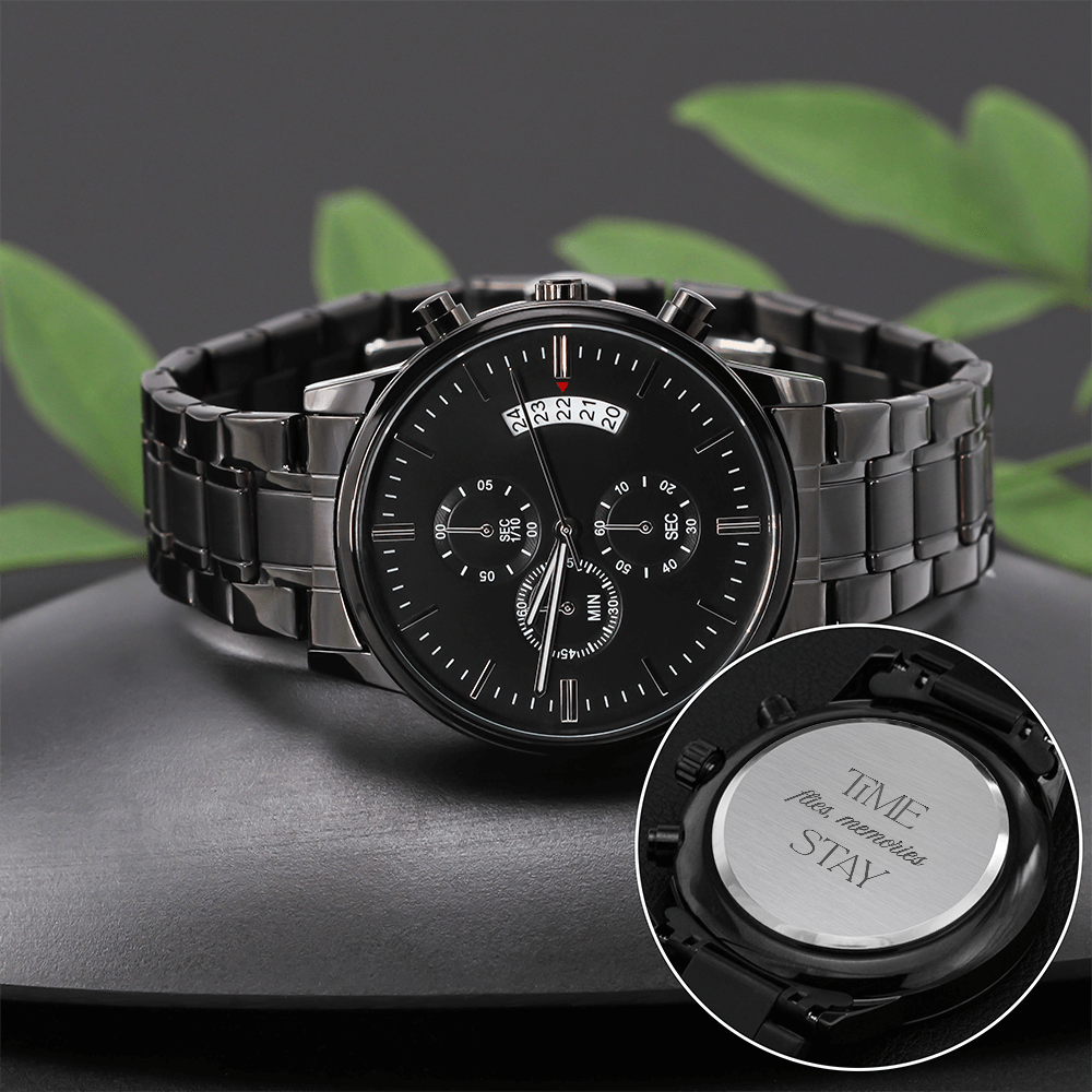 Black Chronograph Watch with Engraving Time flies, memories stay