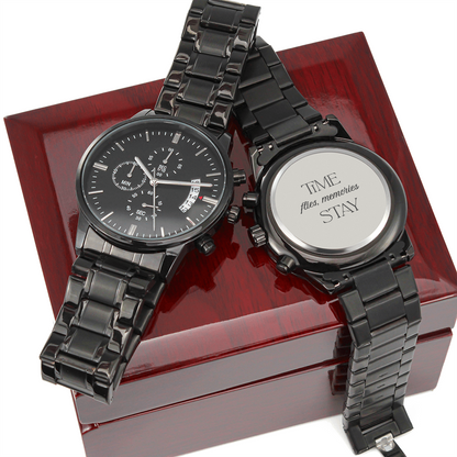 Black Chronograph Watch with Engraving Time flies, memories stay
