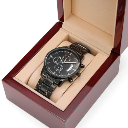 Black Chronograph Watch with Engraving Time flies, memories stay