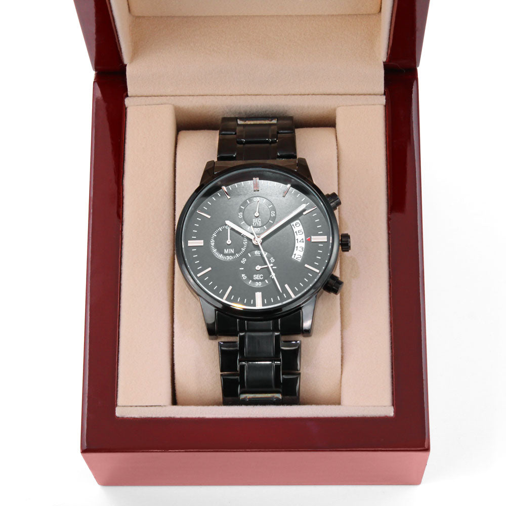 Black Chronograph Watch with Engraving Time flies, memories stay