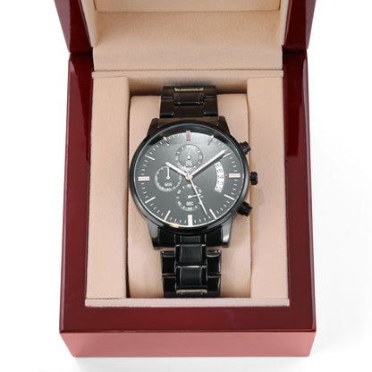 Black Chronograph Watch with Engraving Time flies, memories stay
