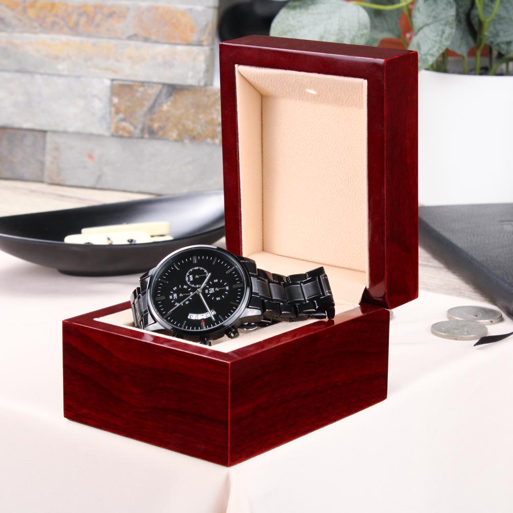 Black Chronograph Watch with Engraving Time flies, memories stay