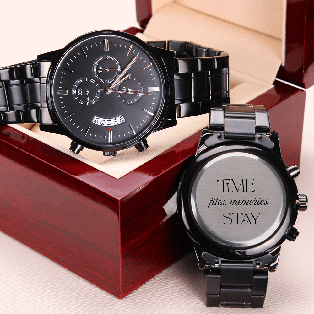 Black Chronograph Watch with Engraving Time flies, memories stay
