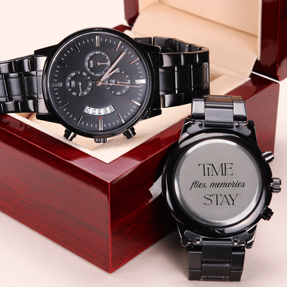 Black Chronograph Watch with Engraving Time flies, memories stay