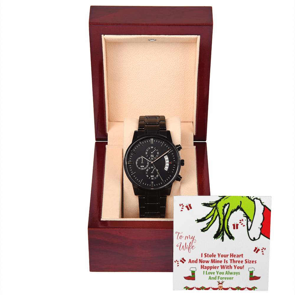 Black Chronograph Watch Christmas Grinch Design Message Card, Gift for Men