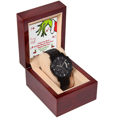 Black Chronograph Watch Christmas Grinch Design Message Card, Gift for Men