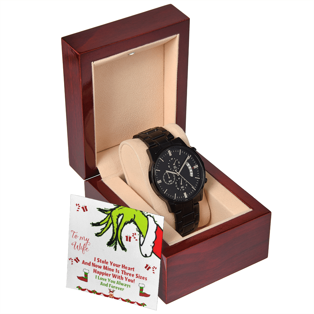 Black Chronograph Watch Christmas Grinch Design Message Card, Gift for Men