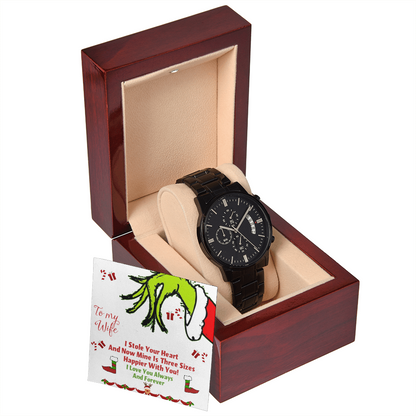 Black Chronograph Watch Christmas Grinch Design Message Card, Gift for Men