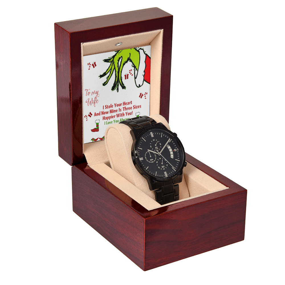 Black Chronograph Watch Christmas Grinch Design Message Card, Gift for Men