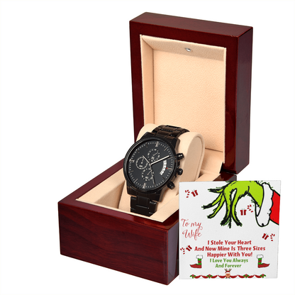 Black Chronograph Watch Christmas Grinch Design Message Card, Gift for Men