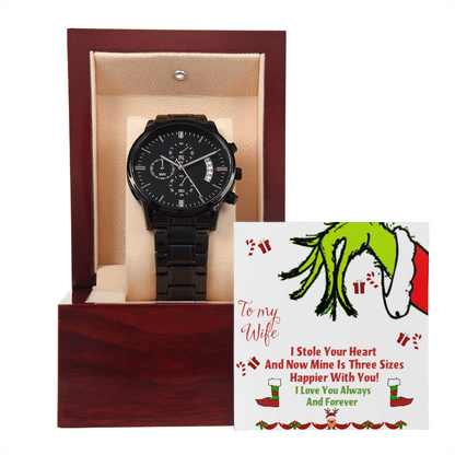 Black Chronograph Watch Christmas Grinch Design Message Card, Gift for Men