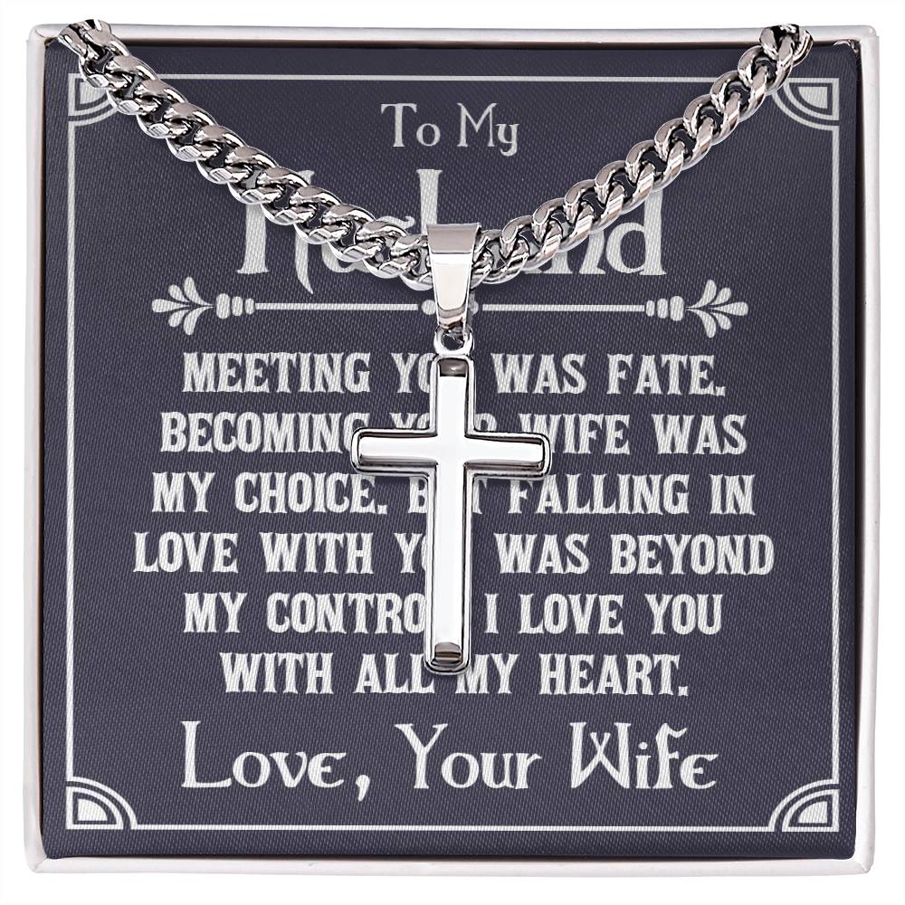 Artisan cross necklace on Cuban chain with personalized message card for husband, featuring stainless steel pendant and adjustable chain. Romantic gift idea expressing love and commitment from wife to husband.