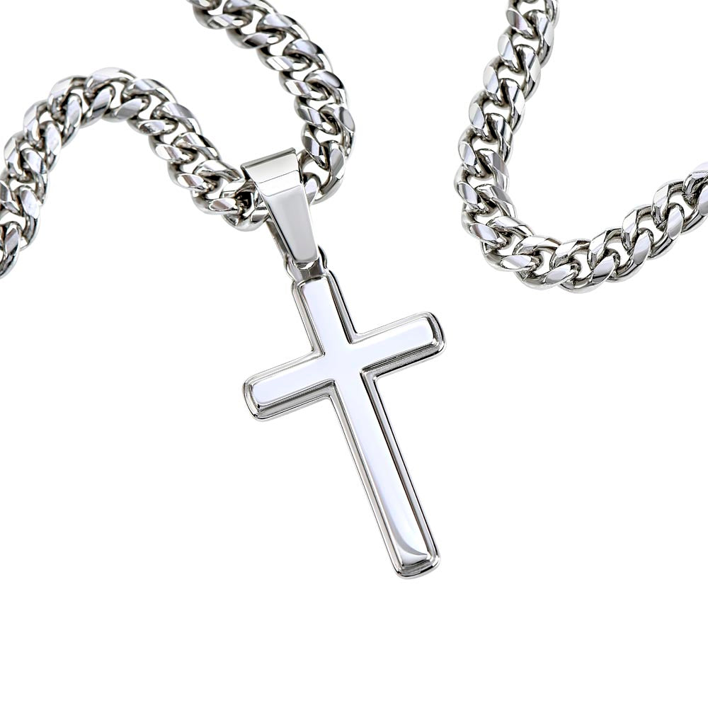 Artisan cross pendant on stainless steel Cuban chain necklace, featuring polished silver finish and adjustable length for men's everyday wear or special occasions