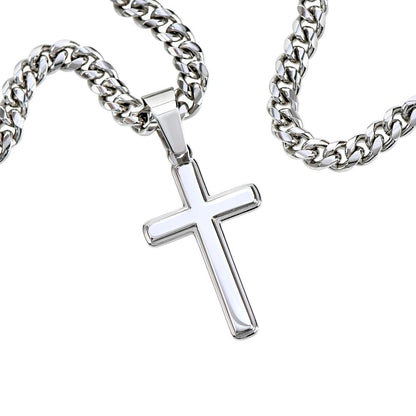 Artisan cross pendant on stainless steel Cuban chain necklace, featuring polished silver finish and adjustable length for men's everyday wear or special occasions