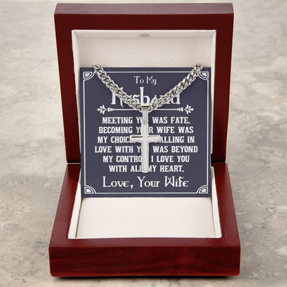 Artisan cross necklace in mahogany gift box with heartfelt message from wife to husband on navy blue card, featuring silver chain against white interior