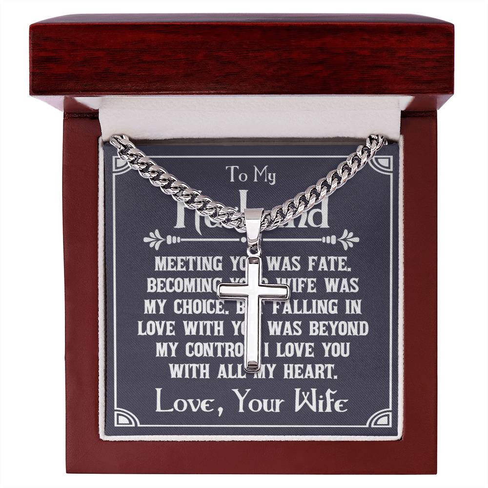 Artisan cross necklace on Cuban chain displayed in mahogany gift box with romantic message card for husband from wife, featuring polished stainless steel pendant and adjustable chain