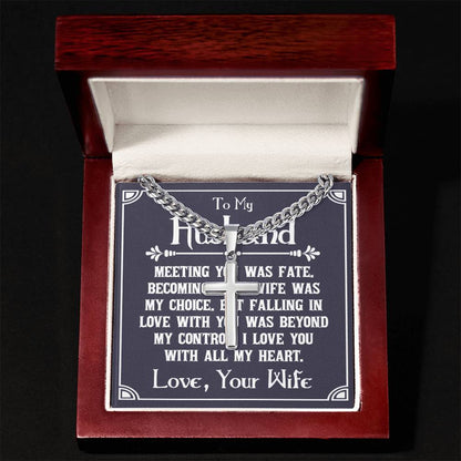 Artisan cross necklace on Cuban chain displayed in mahogany gift box with sentimental message card from wife to husband, expressing love and fate