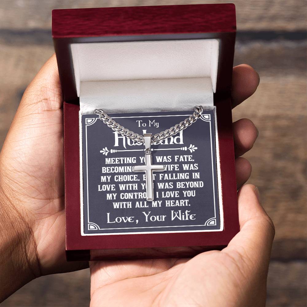 Artisan cross necklace in red gift box with romantic message card to husband from wife, featuring Cuban chain and personalized sentiment about fate, choice, and love