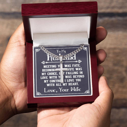 Artisan cross necklace in red gift box with romantic message card to husband from wife, featuring Cuban chain and personalized sentiment about fate, choice, and love