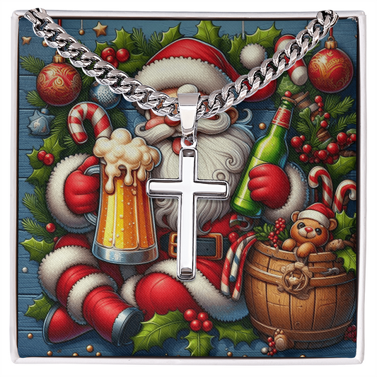 Artisan Cross with Cuban Link Chain Merry Christmas