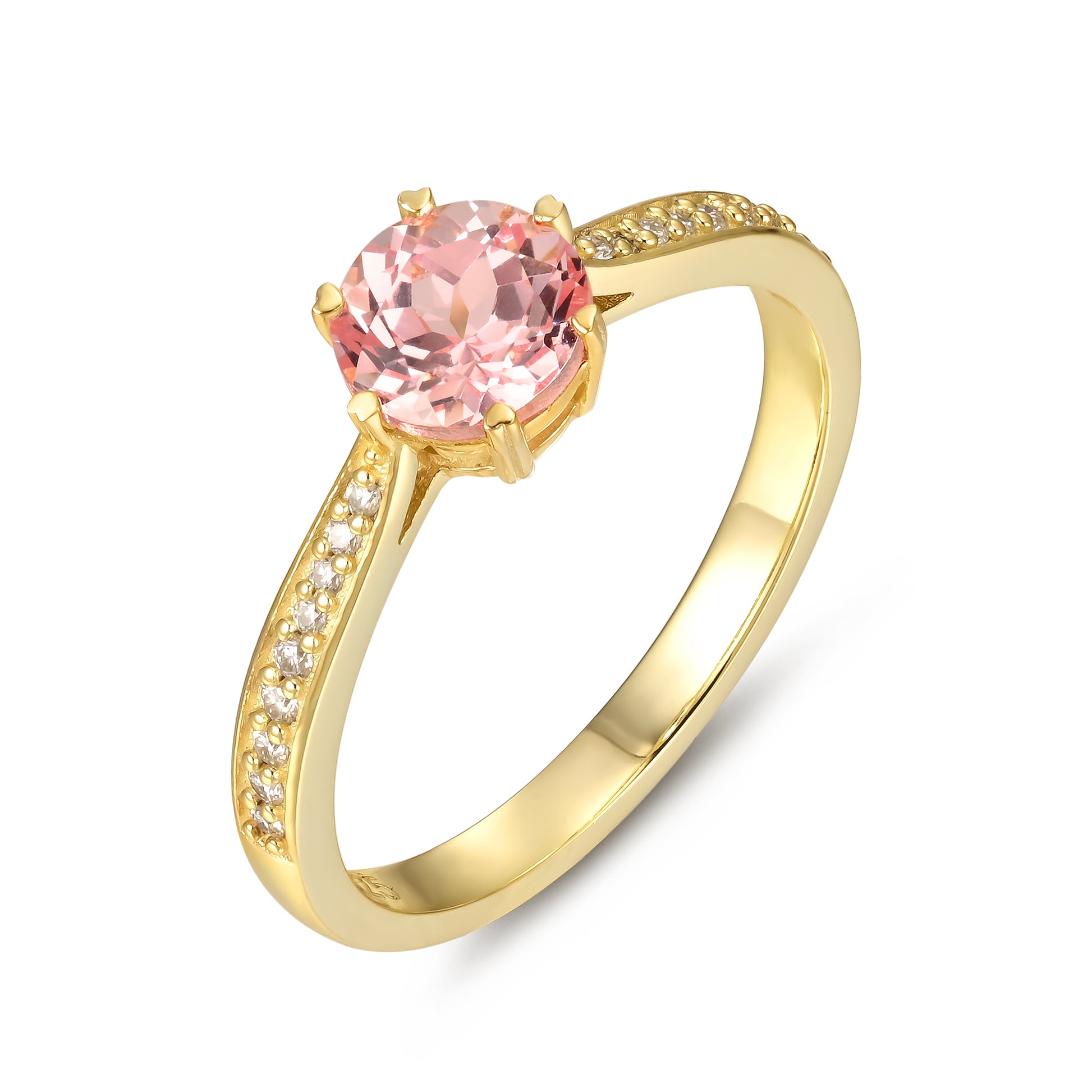 925 Sterling Silver Lab Pink Sapphire Ring with round pink sapphire and gold plated band with small diamonds