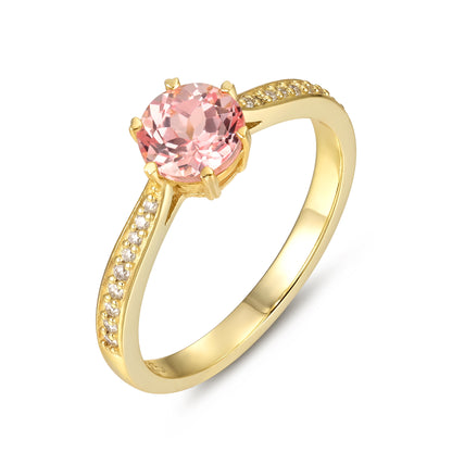 925 Sterling Silver Lab Pink Sapphire Ring with round pink sapphire and gold plated band with small diamonds