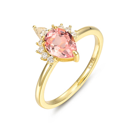 925 Sterling Silver Lab Pink Sapphire Ring with pear-shaped pink sapphire and gold plated band