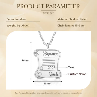 Rhodium-plated silver pendant necklace shaped like a diploma scroll, personalized with the year 2023 and custom name,.