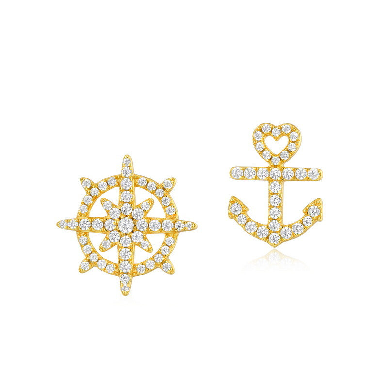 Gold-plated 925 sterling silver earrings featuring a ship's wheel and anchor design, adorned with sparkling cubic zirconia stones, showcasing a nautical theme with elegance and style.