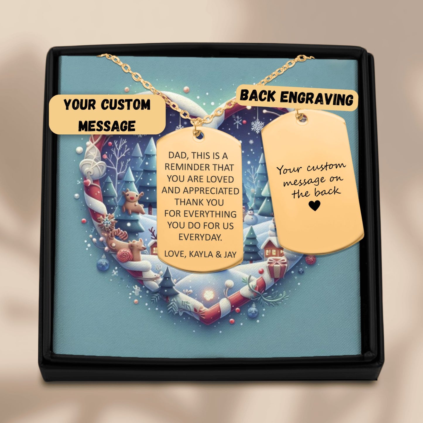 Custom Tag Necklace with Personalized Christmas Message Card