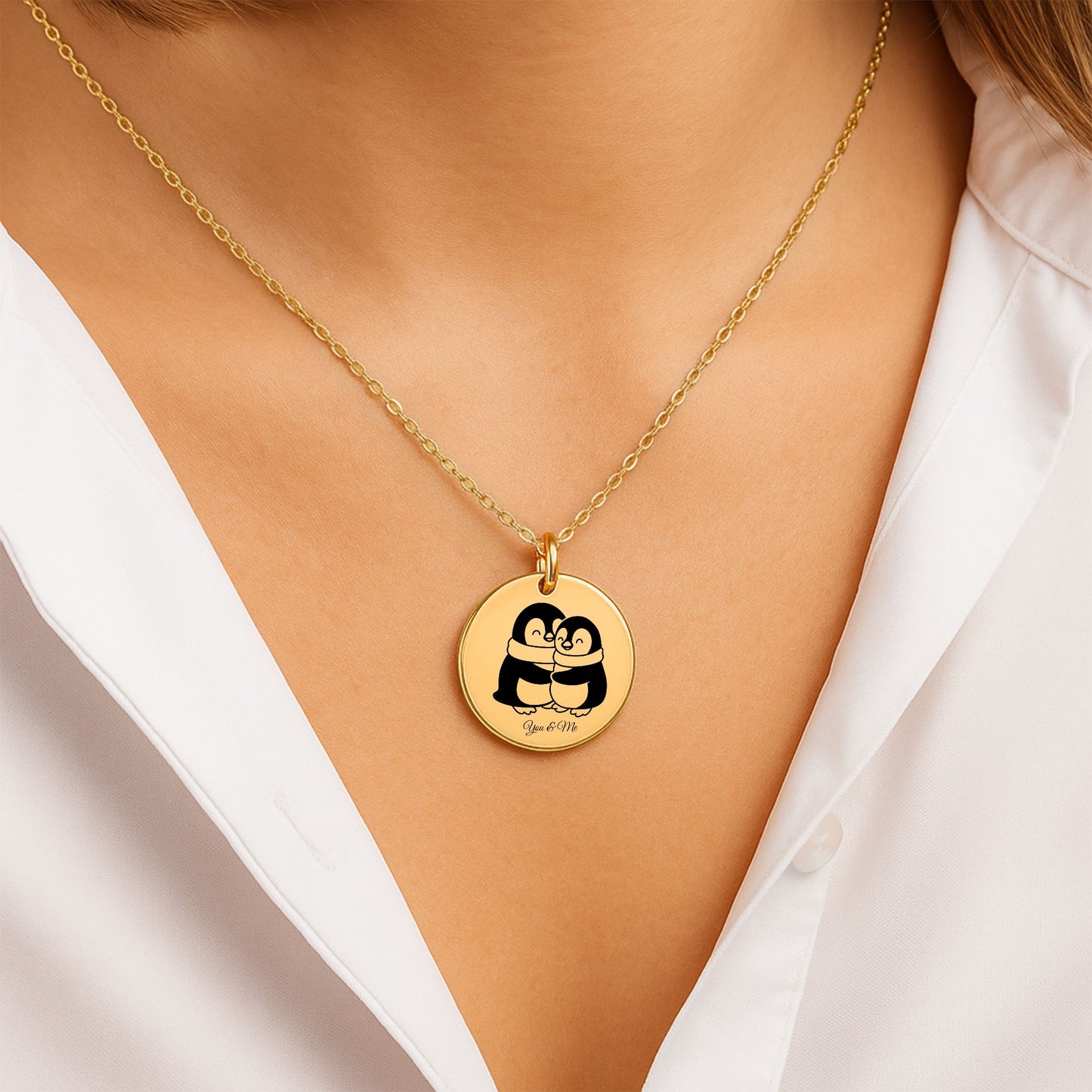 Personalized Penguin Coin Necklace for Couples – Custom Valentine Jewelry