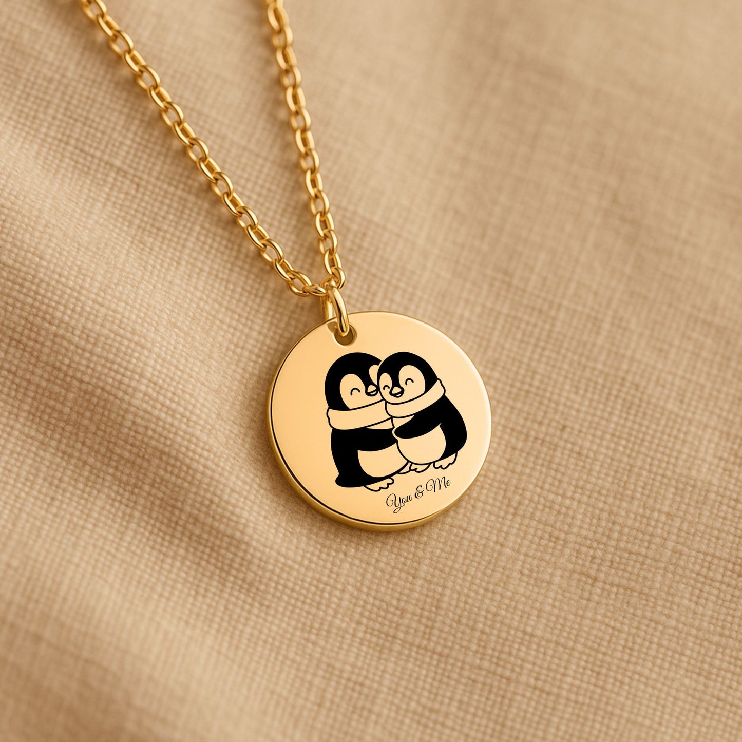 Personalized Penguin Coin Necklace for Couples – Custom Valentine Jewelry