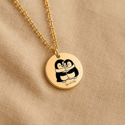Personalized Penguin Coin Necklace for Couples – Custom Valentine Jewelry