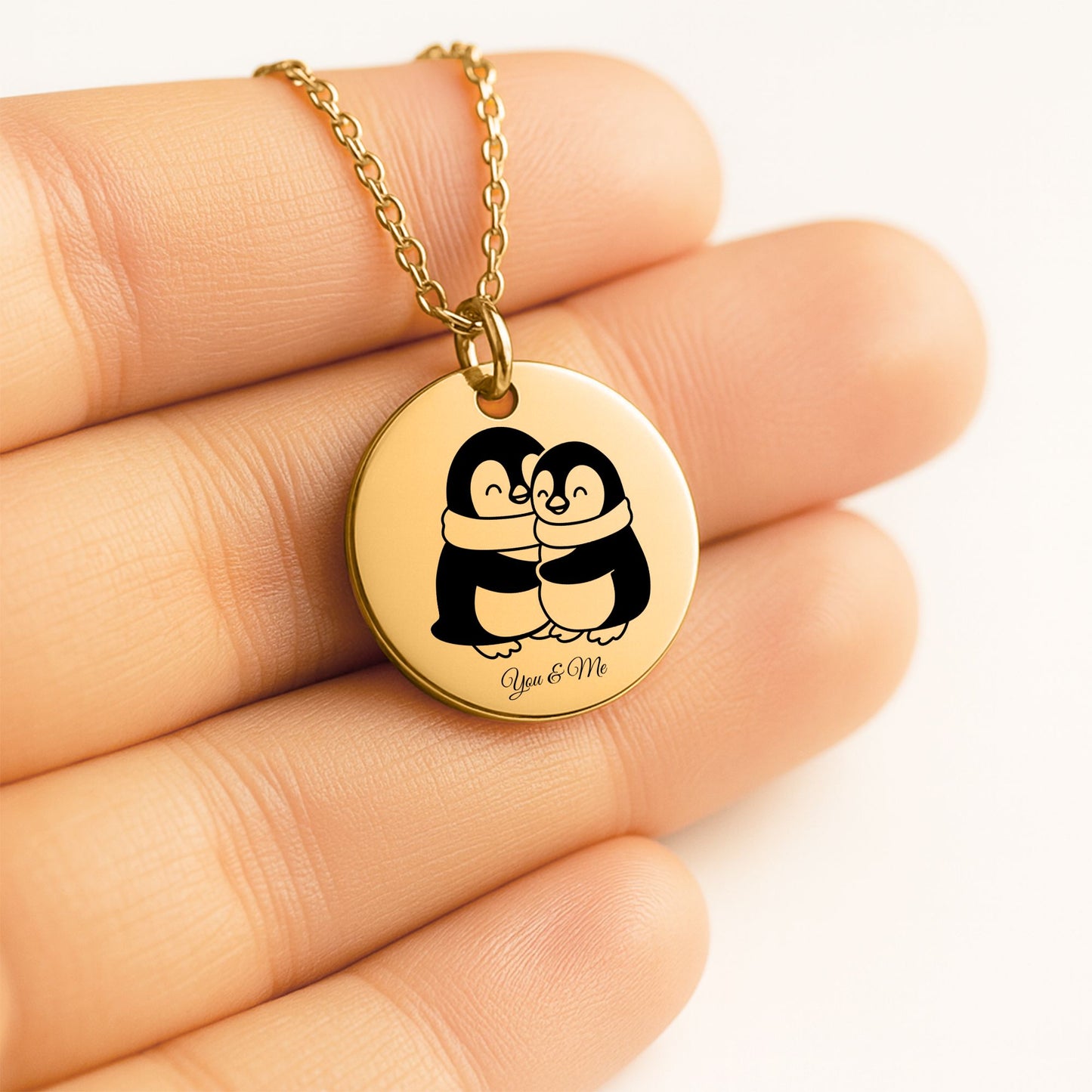 Personalized Penguin Coin Necklace for Couples – Custom Valentine Jewelry