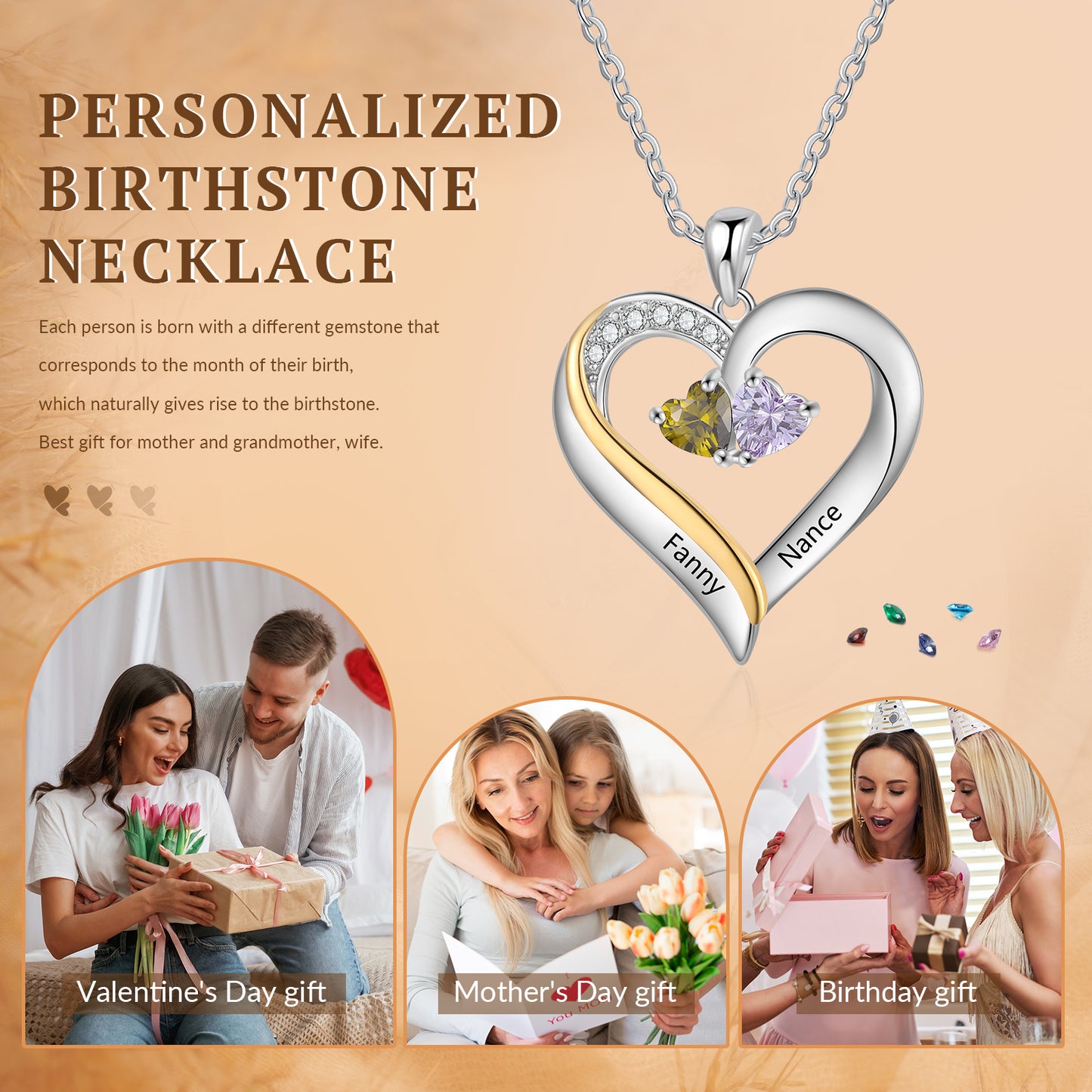 925 Sterling silver Custom Birthstone Engraved Necklace