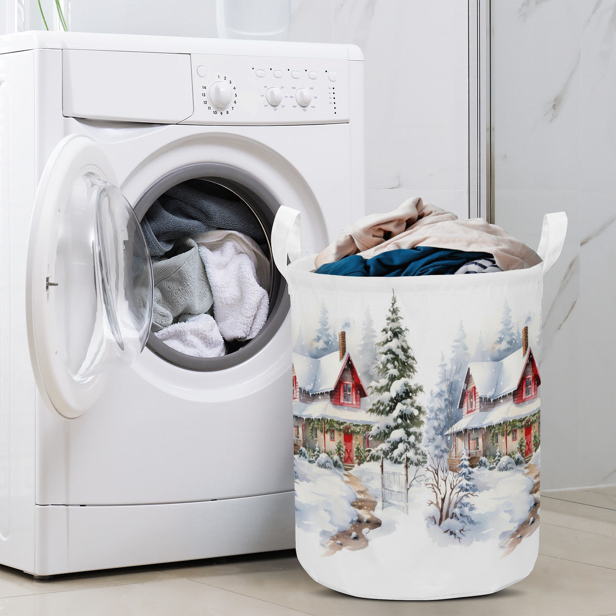 Christmas Round Laundry Basket Winter scene