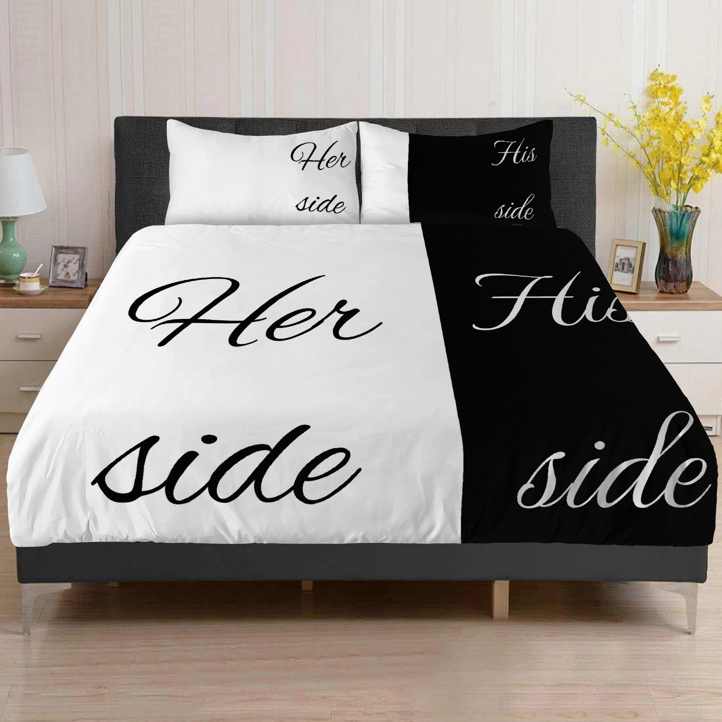 Bedding Her side, His side black and white