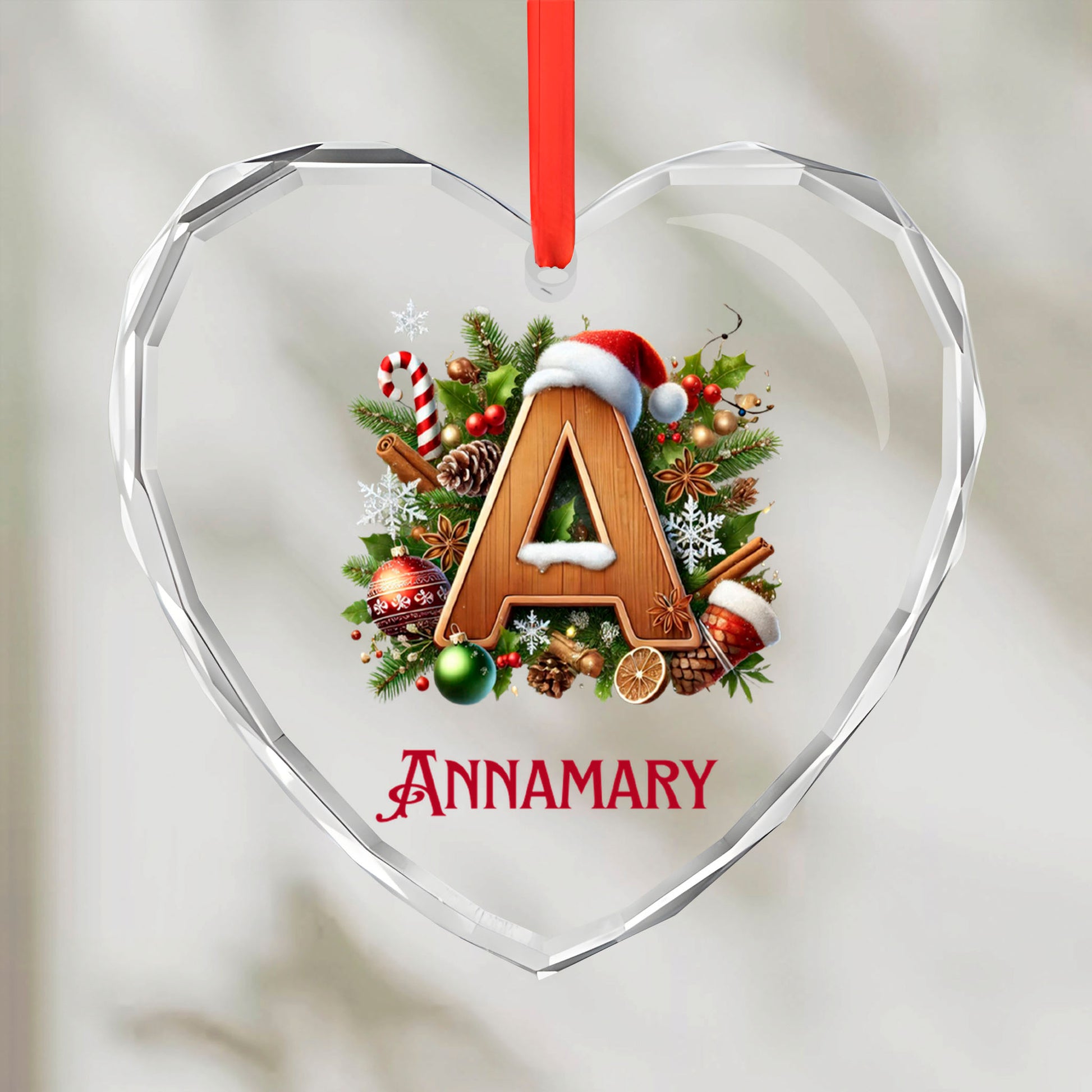 Christmas Letter and Name personalized Glass Heart Ornament by JewelryLuxeUS.store