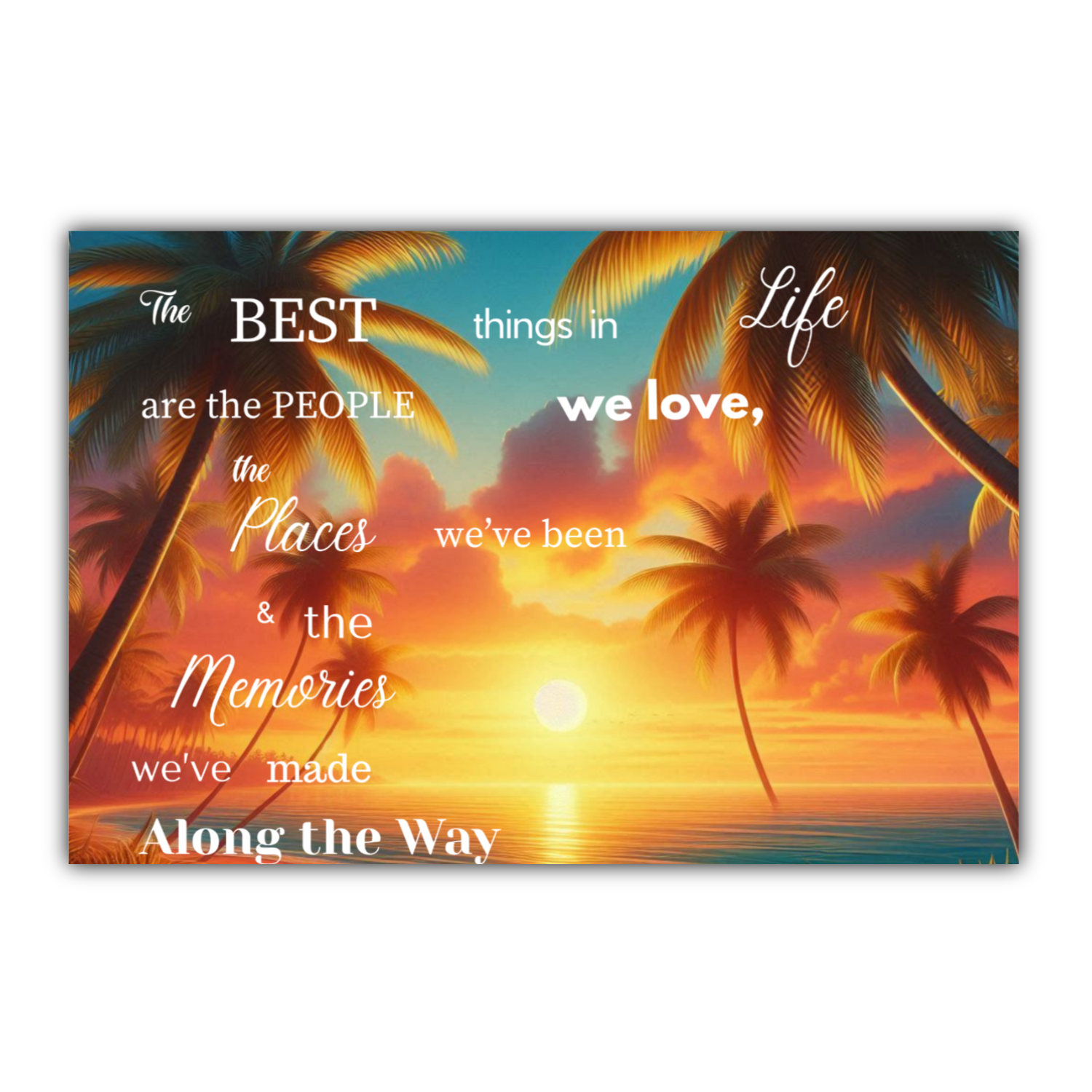 Tropical sunset scene with palm trees and motivational quote on a white background