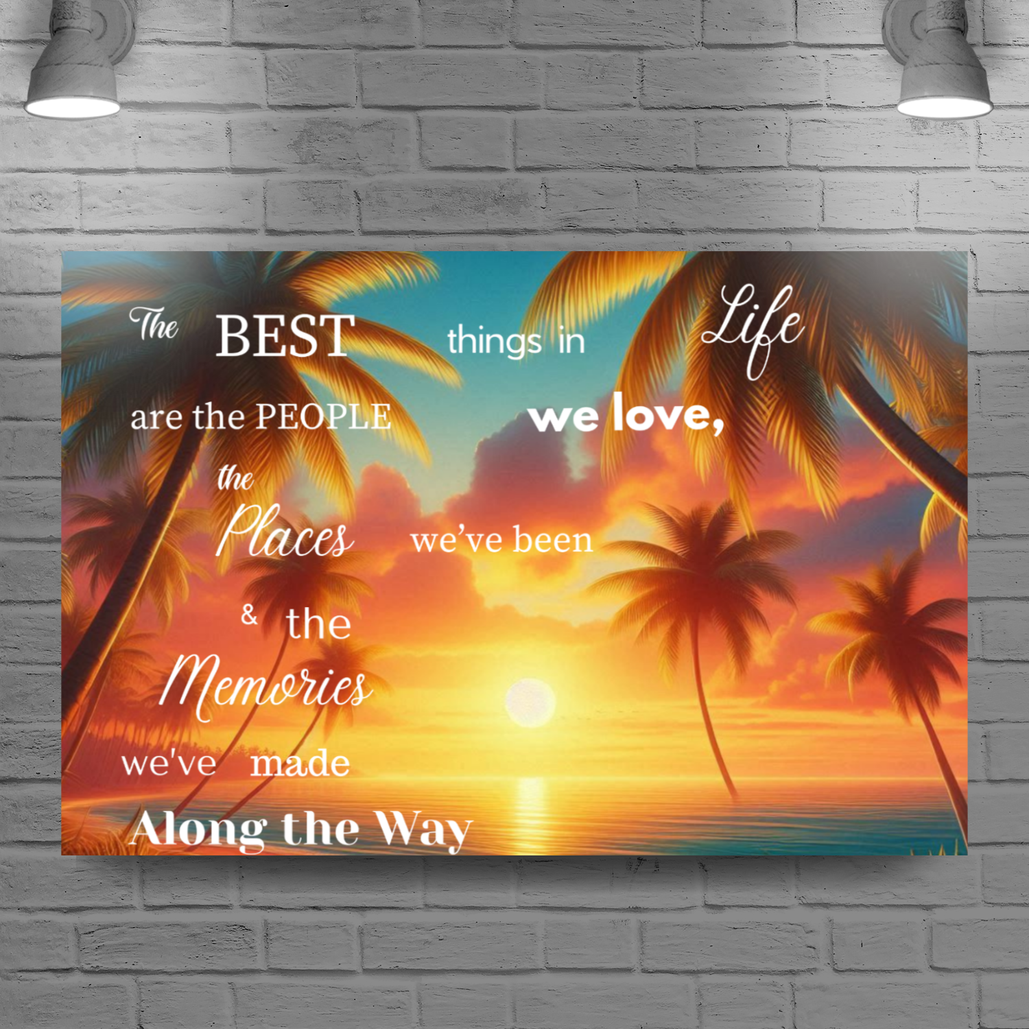 Decorative wall poster with palm trees and sunset design on a brick wall background.
