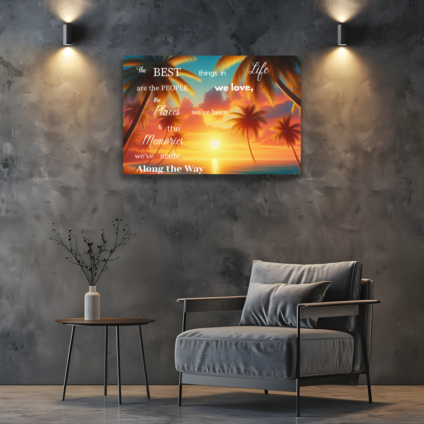 Decorative wall art with a sunset and palm tree design in a living room setting.
