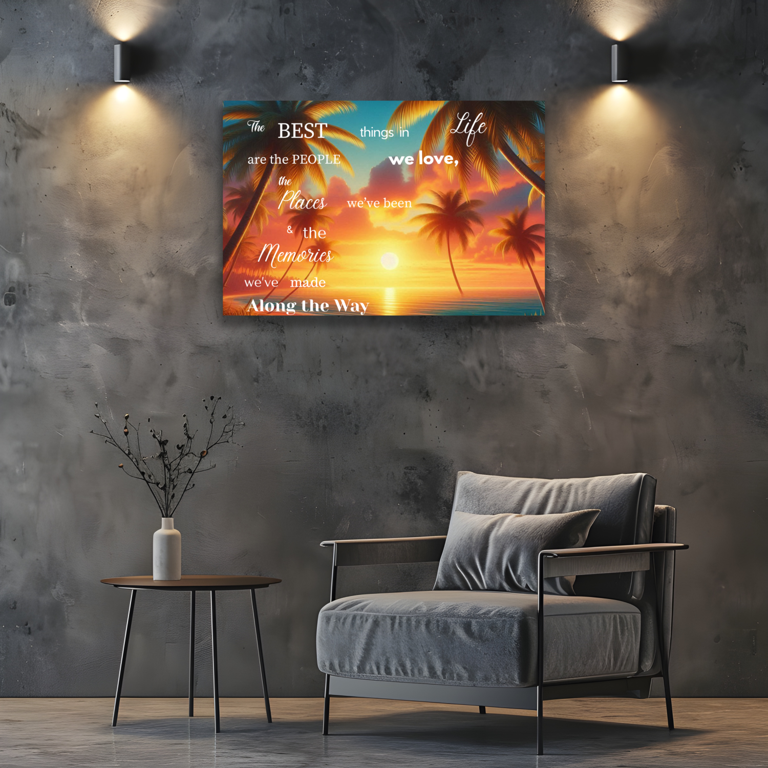 Decorative wall art with a sunset and palm tree design in a living room setting.
