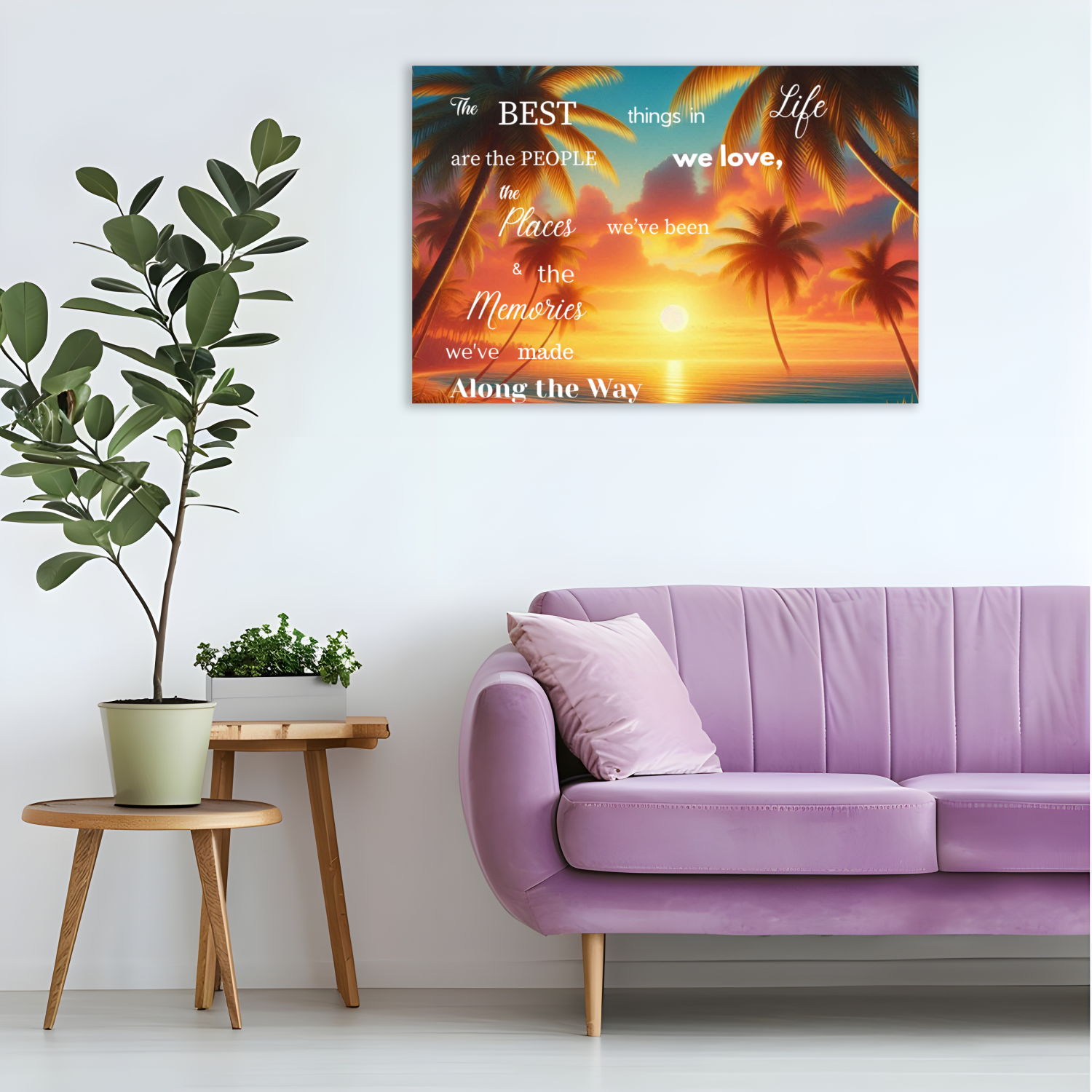 Living room with a purple sofa, small table with plants, and a decorative wall art with palm trees and sunset.