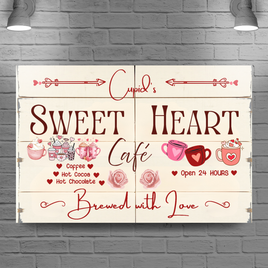 Decorative sign for 'Cupid's Sweet Heart Café' on a brick wall background